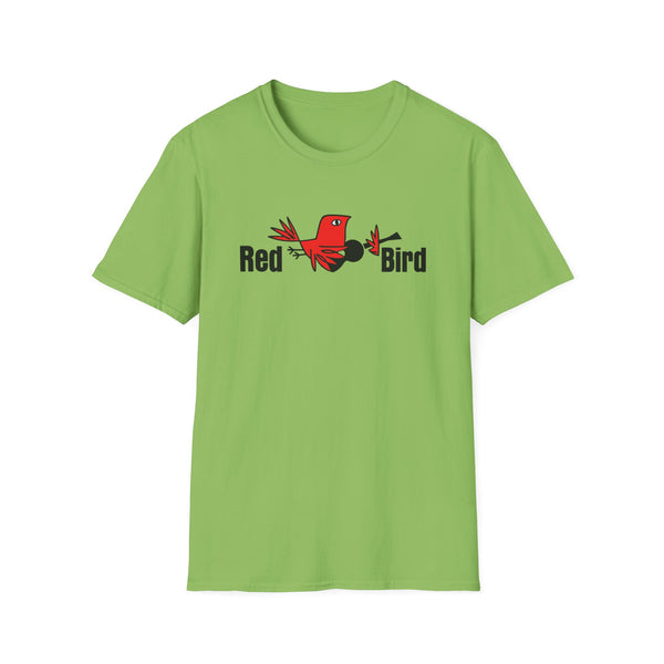 Lime green t-shirt with a black and red bird graphic and "Red Bird" text.