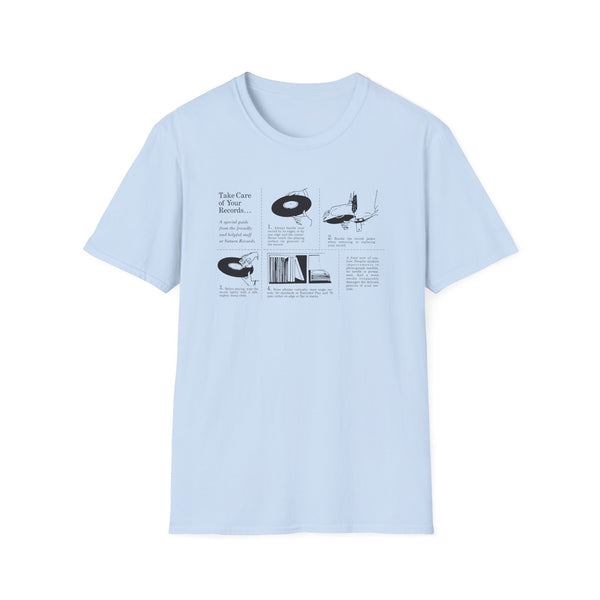 Light blue t-shirt with a graphic titled "Take Care of Your Records..." with four illustrated steps.