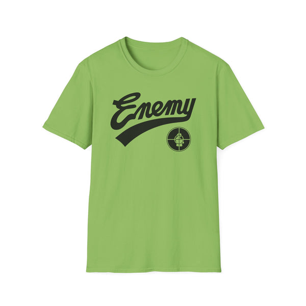 Black "Enemy" text and target logo on a light green t-shirt.