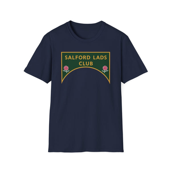 Navy t-shirt with a green and gold sign reading "SALFORD LADS CLUB" and two red roses.
