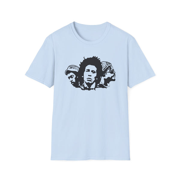 Light blue t-shirt with black graphic of three faces in silhouette.