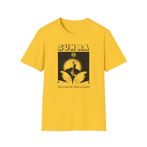 Yellow t-shirt with black "SUN RA SPACE IS THE PLACE" graphic featuring a portrait.