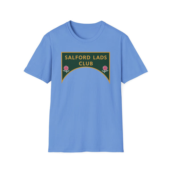 Blue t-shirt with "SALFORD LADS CLUB" and two rose emblems on front.