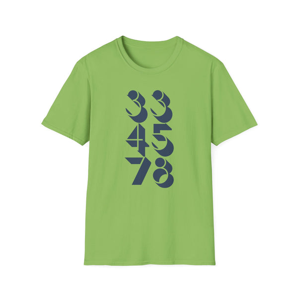Lime green t-shirt with navy blue numbers stacked vertically