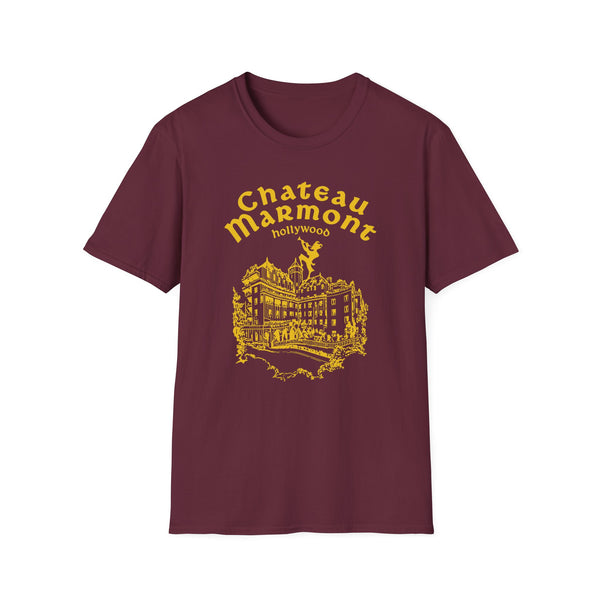 Maroon t-shirt with yellow Chateau Marmont Hollywood building graphic and text.