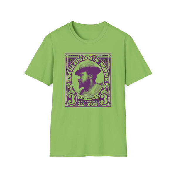 Green t-shirt with purple Thelonious Monk graphic and text.