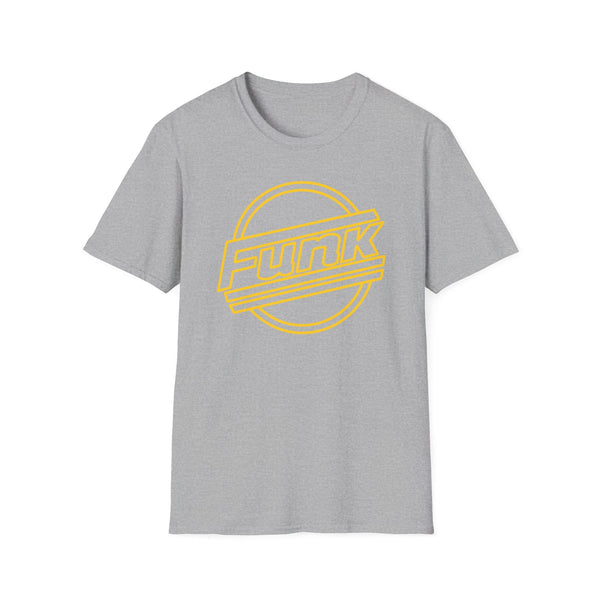 Grey t-shirt with yellow "Funk" text within a yellow circle outline.