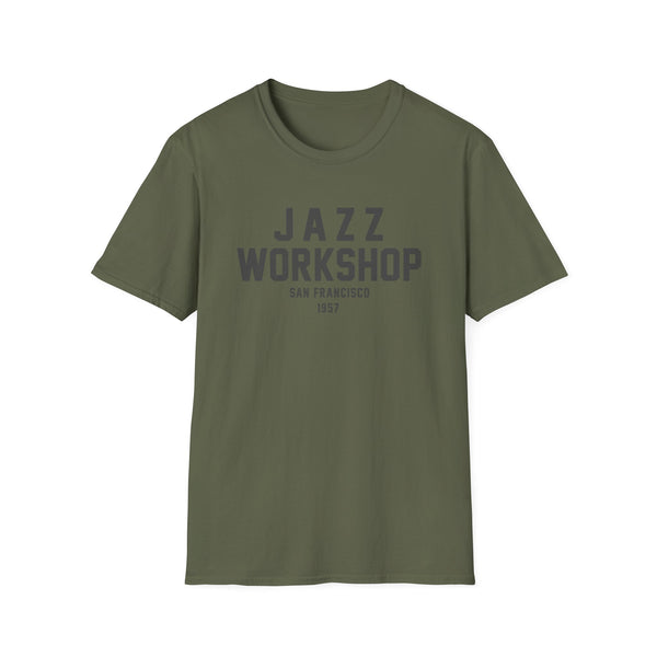 Olive green t-shirt with "JAZZ WORKSHOP SAN FRANCISCO 1957" text.