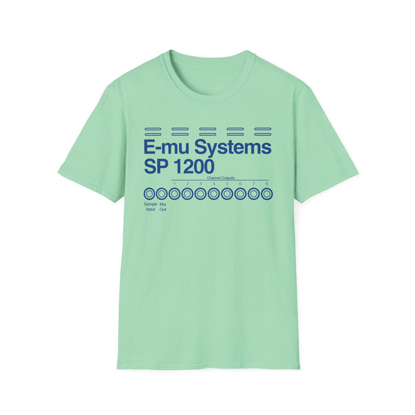 Light green t-shirt with blue E-mu Systems SP 1200 graphic.