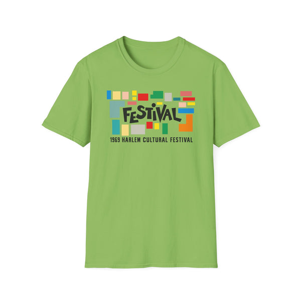 Green t-shirt with "Festival 1969 Harlem Cultural Festival" graphic.