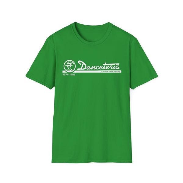 Green t-shirt with white "Danceteria 1979-1986 30w 21st New York City" logo.