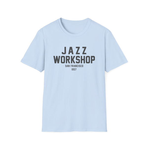 Light blue t-shirt with "JAZZ WORKSHOP SAN FRANCISCO 1957" text.