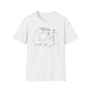 White t-shirt with a black line drawing of turntable anatomy and labeled parts.