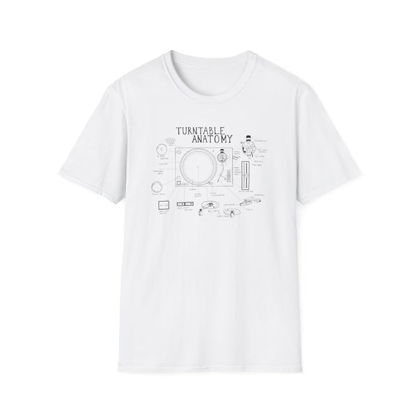 White t-shirt with a black line drawing of turntable anatomy and labeled parts.