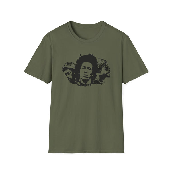 Bob Marley t-shirt with black stencil art of three faces.