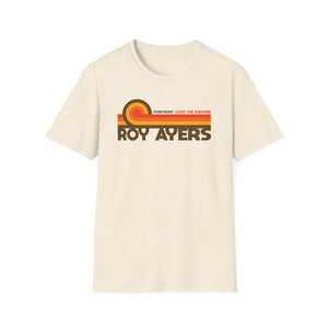 Cream t-shirt with retro "Roy Ayers Everybody Loves The Sunshine" graphic.