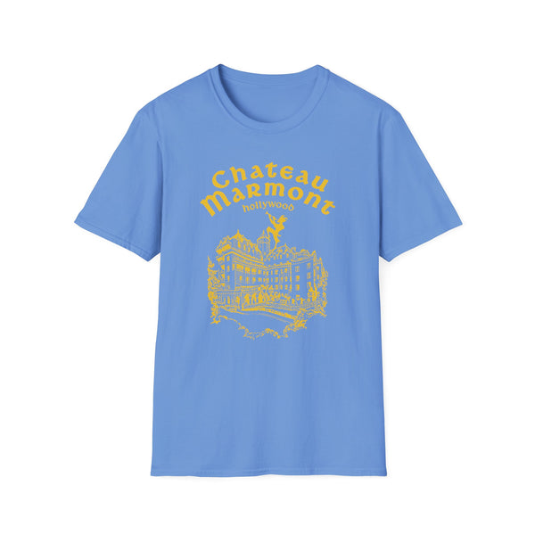 Blue t-shirt with yellow Chateau Marmont Hollywood graphic and building illustration.