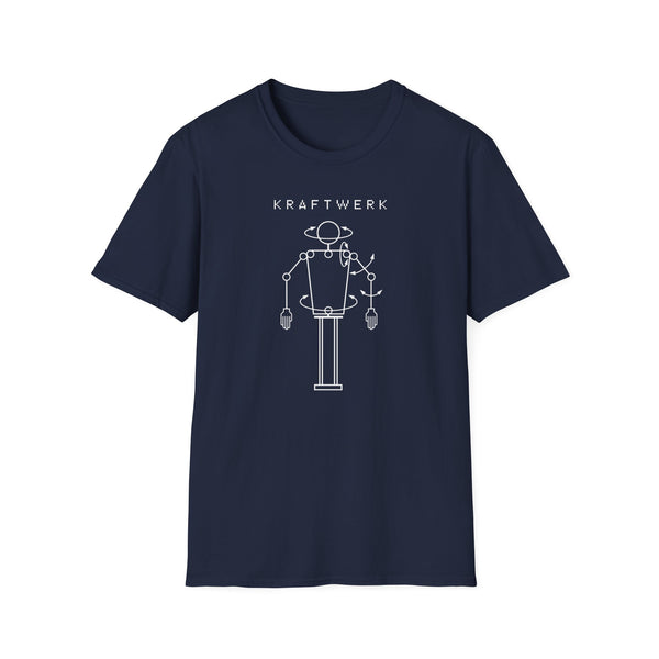 Navy t-shirt with white Kraftwerk logo and line art robot graphic.
