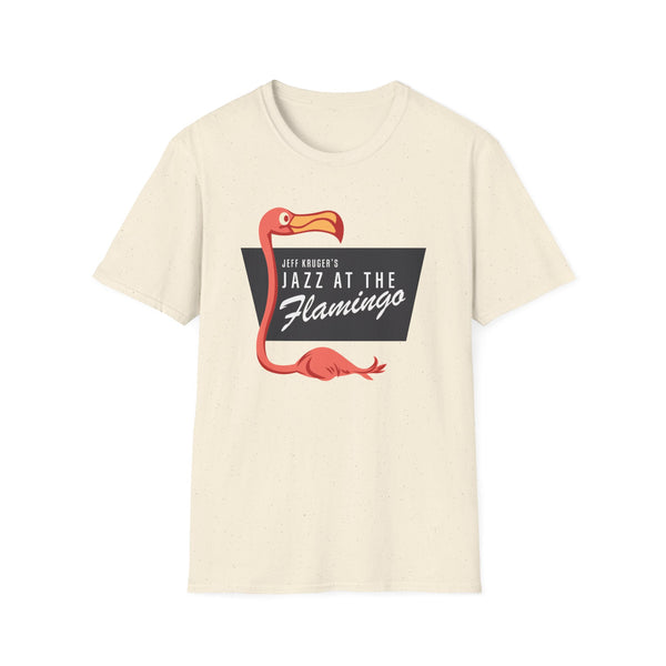 Cream t-shirt with a red flamingo and "Jazz at the Flamingo" text.