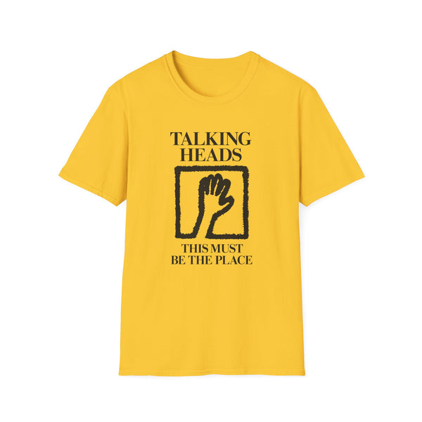 Yellow t-shirt with "Talking Heads This Must Be The Place" and hand graphic.