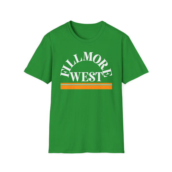 Green t-shirt with white text "FILLMORE WEST" and orange and white stripes.