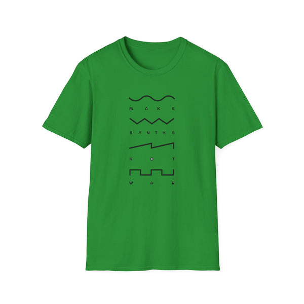 Green t-shirt with "MAKE SYNTHS NOT WAR" text and waveforms.