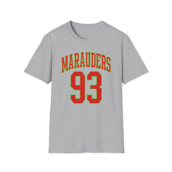 Grey t-shirt with "MARAUDERS 93" printed in red and green text.