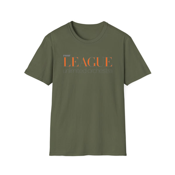 Olive green t-shirt with "THE LEAGUE unlimited orchestra" text graphic.