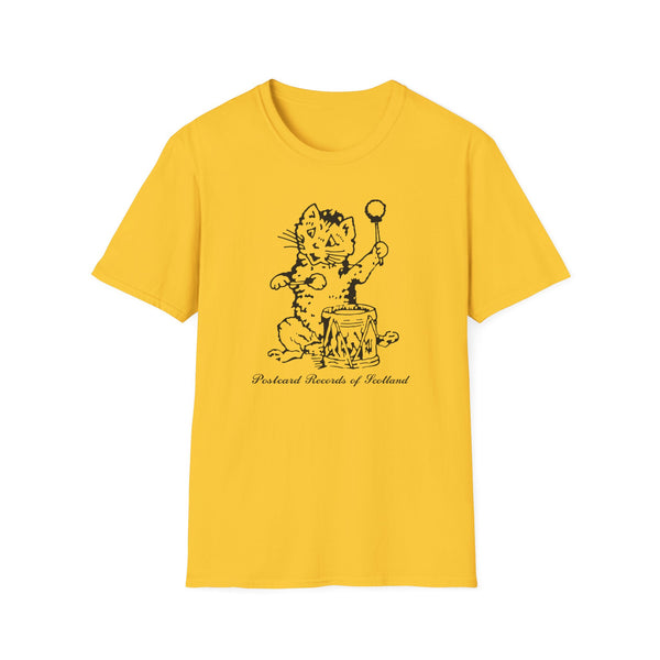 Yellow t-shirt with black illustration of a cat playing a drum and "Postcard Records of Scotland" text.