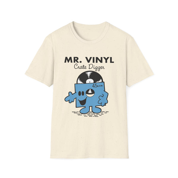 T-shirt with Mr. Vinyl "Crate Digger" character and 45 R.P.M. vinyl record graphic.