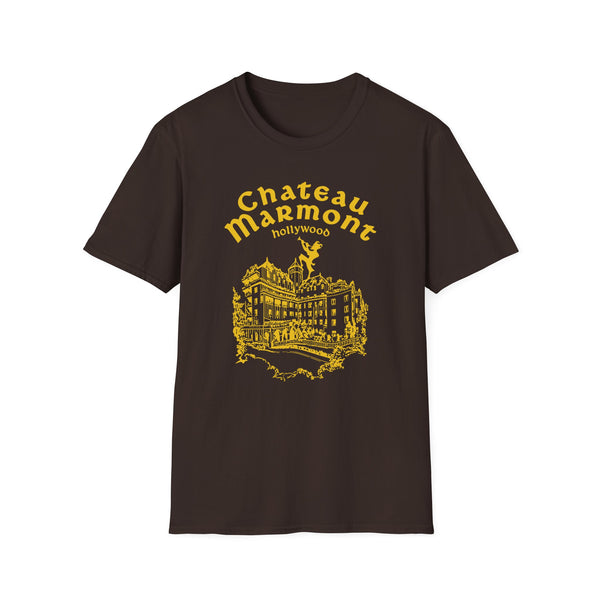 Dark brown t-shirt with yellow Chateau Marmont Hollywood building graphic.