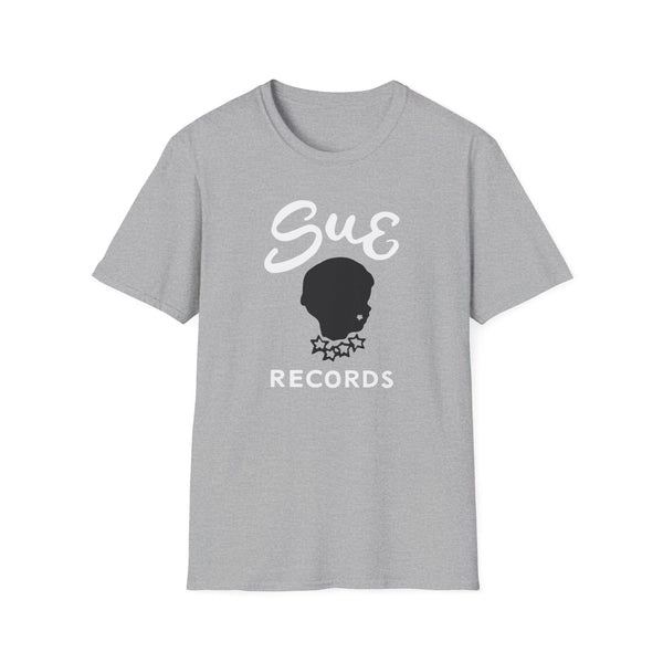 Gray t-shirt with "Sue" and "Records" text and a silhouette logo.