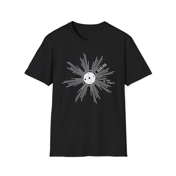 Black t-shirt with white SUN-RA logo and text "Space is the Place".