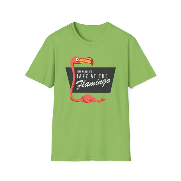Green t-shirt with a flamingo and text: Jeff Kruger's Jazz at the Flamingo.