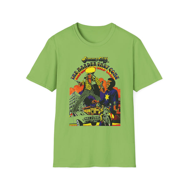 Jimmy Cliff "The Harder They Come" graphic with two figures, car, and motorcycle.
