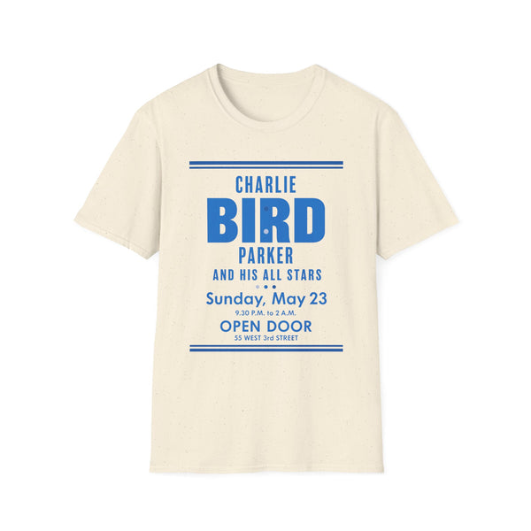 Cream t-shirt with blue text for Charlie Parker and His All Stars event.