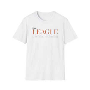 White t-shirt with orange text "THE LEAGUE unlimited orchestra"