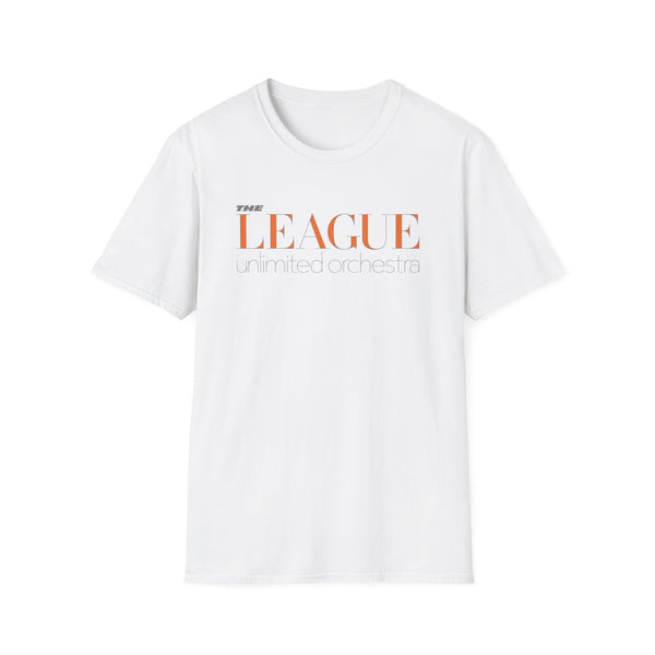White t-shirt with orange text "THE LEAGUE unlimited orchestra"