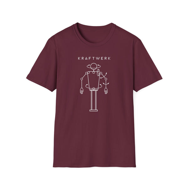 Maroon t-shirt with a white line drawing of a robot and "KRAFTWERK" text.
