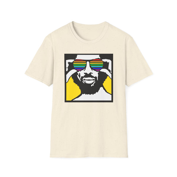 T-shirt featuring abstract portrait with rainbow sunglasses and yellow background.