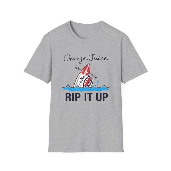 Gray t-shirt with "Orange Juice" text and a shark graphic that says "RIP IT UP".