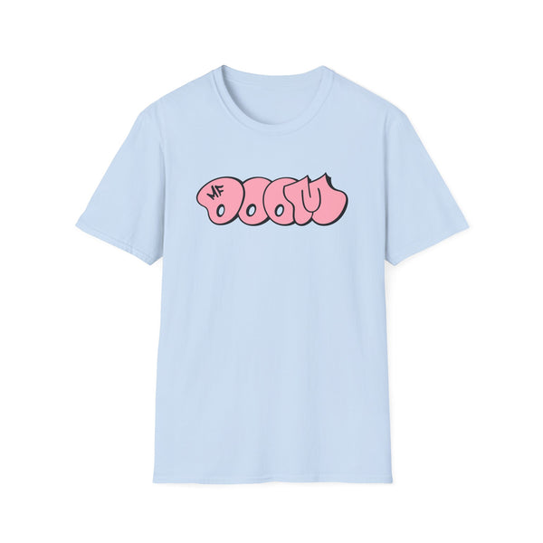 Light blue short-sleeve t-shirt with pink "MF BOOM" graffiti-style text graphic.