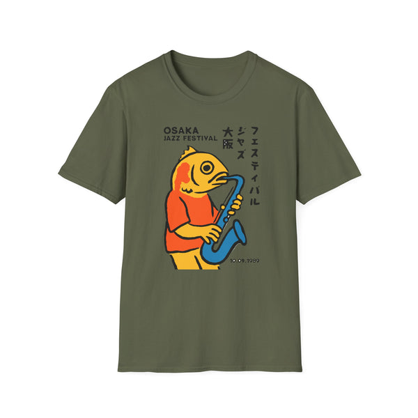 T-shirt with cartoon fish playing saxophone, "Osaka Jazz Festival" text, and date 10.09.1989.
