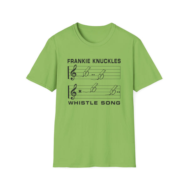 Frankie Knuckles Whistle Song graphic on a lime green t-shirt.