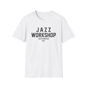 White t-shirt with "JAZZ WORKSHOP SAN FRANCISCO 1957" printed in black text.