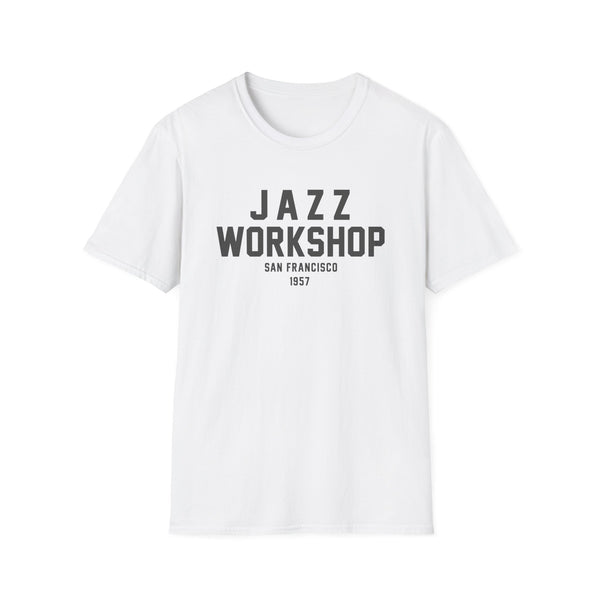 White t-shirt with "JAZZ WORKSHOP SAN FRANCISCO 1957" printed in black text.