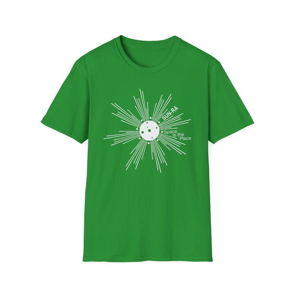 Green t-shirt with white sunburst graphic and text "SUN-RA Space is the Place."
