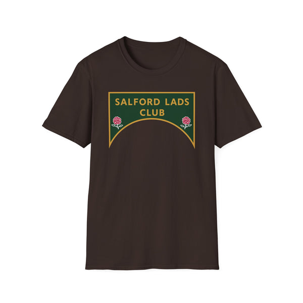 Brown t-shirt with a green crest that reads "SALFORD LADS CLUB" and two roses.