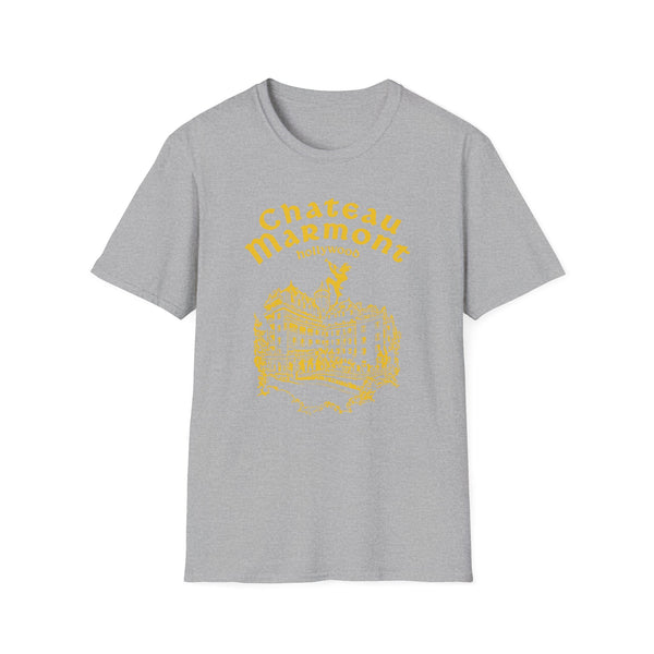 Grey t-shirt with yellow "Chateau Marmont Hollywood" text and building graphic.