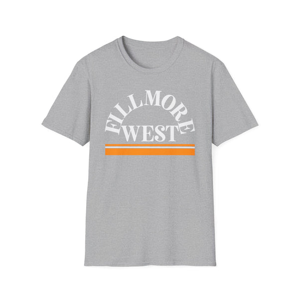 Grey t-shirt with white "FILLMORE WEST" text and orange stripes.